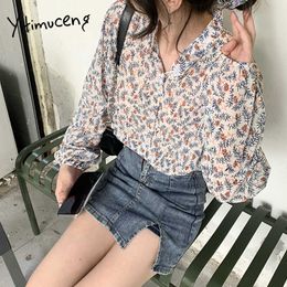Yitimuceng Floral Print Shirt Women Office Lady Chiffon Tops Korean Fashion Button Up Blouse Long Sleeve Spring Summer 210601