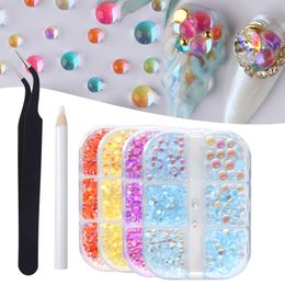 Mixed Size Nail Art Decoration 3D Nails Rhinestones Candy Colors Mermaid Round Glass DIY Flatback Acrylic Crystal Beads