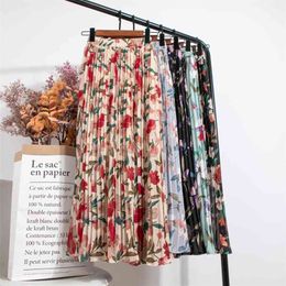 Croysier Skirts High Waist Floral Print Mid Calf Long Pleated Skirt Women Summer Vintage Elegant Chiffon Midi Skirt 210721