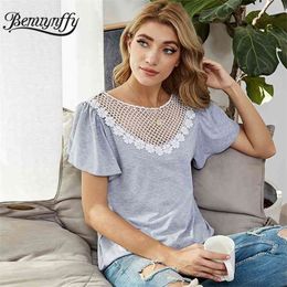 Round Neck Hollow Out Lace Patchwork Loose T-Shirt Women Summer Home Style Butterfly Sleeve Female Casual Tshirt 210510