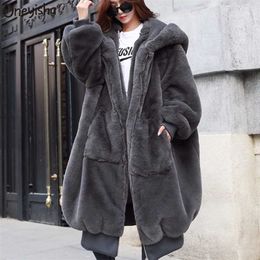 Oversized Winter Women Faux Fur Coat Long Warm Faux Rabbit Fur Parka Casaco Feminino Hoodies Loose Winter Coats Outwear 211129