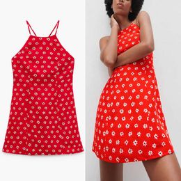 ZA Women Summer Print Red Halter Dress Sleeveless Backless Beach Dress Fashion Back Zip Sexy Mini Dresses Woman Sundress 210602