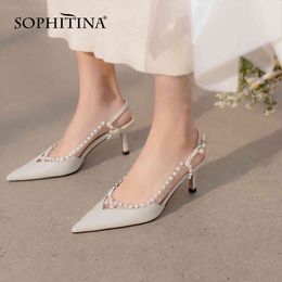 SOPHITINA Sweet Style Leather Women Heels Pumps Shoes Basic Thin String Bead Wedding White Pearl Summer Pointed Toe Pumps FO135 210513