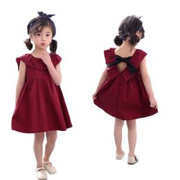 Baby Girl Princess Dress Solid Color Backless Bow Pleated Collar Knee Length Kids Clothes Summer Cute Kid Dresses 11ys L2