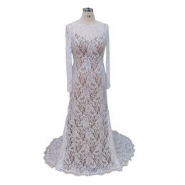 2022 Ivory Lace Champagne Wedding Dress Bohemian Long Sleeve Boat Neckline Zipper Court Train Beach Bridal Party For Bride Dresses