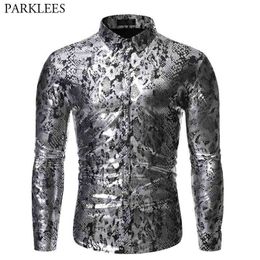 Sexy Snake Pattern Metallic Shirt Men Fashion Slim Fit Long Sleeve Social Shirt Male Party Nightclub Prom Chemise Homme 210522