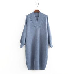 Woman Knitted Elegant Solid V Neck Long Sleeve Puff Knee Length Autumn Winter Dress D0811 210514