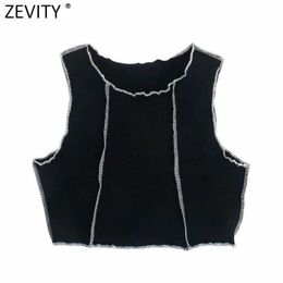 Zevity Women O Neck Sleeveless Chic Camis Tank Ladies Reverse Lane Design Knitted Vest Slim T-shirt Casual Crop Tops LS9176 210603
