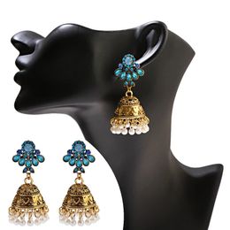 Retro Crystal Flower Indian Gold Bells Jhumka Earrings Women's Vintage Bohemia Pearl Beads Earrings Tibetan Jewelry