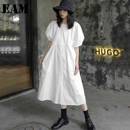 [EAM] Women White Big Size Solid Colour Casual Dress Round Neck Puff Sleeve Loose Fit Fashion Spring Summer 1DD7172 21512