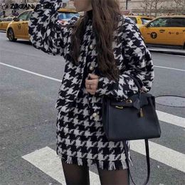 Vintage Sweet Women Pearl Button Black Cheque Gingham Plaid Blazer High Waist Mini Short Skirts Long Sleeve Suits 2 Pieces Set 210429