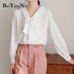 Womens Blouses And Tops White High Street Elegant Cute Blusas Female Shirts Long Sleeve Shirt Woman Plain Bowtie 210506