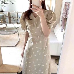 Summer Korean Floral Printed Robe Women Long Dress Short Puff Sleeve V-neck Chic Elegant Dresses Fashion Vestidos Femme 210519