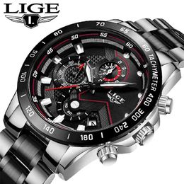LIGE New Men Watch Business Waterproof Date Watches Fashion Multifunction Stainless Steel Black Quartz Watch relojes para hombre 210329