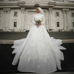 Muslim Beading A Line Wedding Dresses High Neck Long Sleeve Lace 3D Floral Appliques Bridal Gowns Sequins Bride Dress