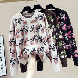 High Quality All-match Sweater Women Chic 3d Flower Print Panelled Knitted Pullovers Autumn Winter Fashion Jumper Tops 210514
