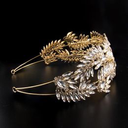 Baroque Crystal Gold Leaf Double Hairband Women Bridal Wedding Tiara Rhinestone Hair Accessories Jewellery Diadem Pageant Crown Clips & Barret