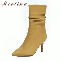 Mid Calf Boots Women Shoes Pointed Toe Stiletto Heels Lady Pleated Slip On Fashion Female Winter Yellow 43 210517