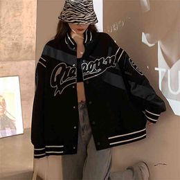 autumn winter Harajuku style embroidery single-breasted baseball uniform all-match jacket punk coat women 210805