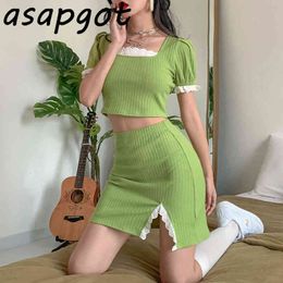 Sweet Girls Fresh Fashion Sets Lace Patchwork Square Neck Short Sleeve Tops Slim Mini Skirt Green Plus Size Summer Chic Korean 210429