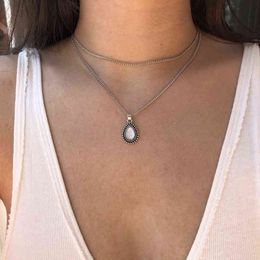 Vienkim Multi Layer Vintage Silver Color Drop Stone Pendant Natural Stone Necklace Boho Jewelry Women Girl Jewelry Gifts 2021 G1206