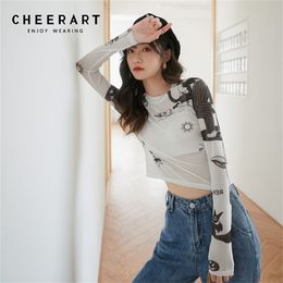 CHEERART White Mesh Top Long Sleeve Basic Tshirt Women Transparent Tight Top Vintage Printed Summer T Shirt Fashion 210722