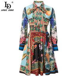 Women Fashion Summer Vintage Midi Dress Female Designer Long sleeve Vegetables Print Elastic waist Vacation 210522