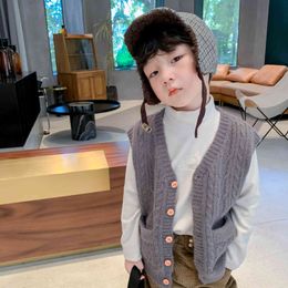 秋の冬の男の子のファッションニットツイストセーターウエストコート子供3色ノースリーブベスト210508