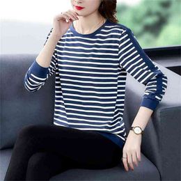 WWENN Long Sleeve T Shirt Women Cotton Striped Splicing T- Top Korean Woman Clothes Plus Size Tshirt Tee Femme 210507