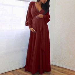 JAYCOSIN Pregnancy Dress Women Maternity Sexy V-neck Long Sleeve Solid Lace Maternity Dress For Photo Shoot Ruffles Frenulum Q0713
