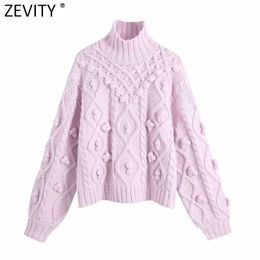 Zevity Women Fashion Turtleneck Collar Ball Appliques Casual Knitting Sweater Ladies Chic Long Sleeve Pullovers Tops S518 210603