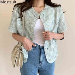 Autumn Korean Vintage Single-breasted Cardigans Coats Women Short Sleeve O-neck Elegant Fashion Ladies Jackets Tops Femme 210513