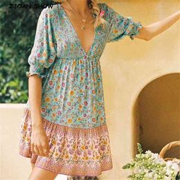 3 Colour Bohemian Contrast Colour Floral Print Ruched Elastic Deep V neck Mini Dress Hippie Short Sleeve Woman Holiday 210429