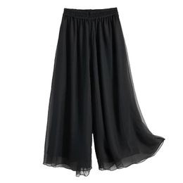 AECU Women Pant Wide Leg Solid Colour Culottes Pant Female High Waist Thin Chiffon Plus Size Casual Ladies Culottes Trousers 210319