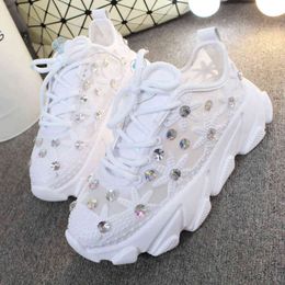 Rhinestone Wedge Sneakers Women Trainers Dames Chunky Platform White Casual Shoes Woman chaussures femme 210322