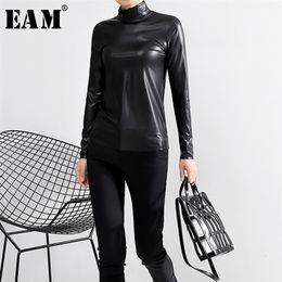 [EAM] Women Black Brief Pu Leather Temperament T-shirt New Stand Collar Long Sleeve Fashion Tide Spring Autumn 2021 210317