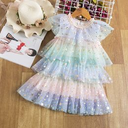 Summer Dresses Princess Dress For Girls Toddler Kids Baby Girls Star Lace Layered Dress Princess Party Dress Girls Clothes Q0716