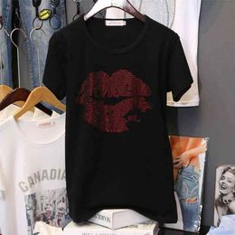 Summer Plus Size Short sleeve T-shirt women new Lip print Hot Diamonds Half sleeve Pullovers black loose tee female tops 210324