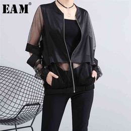 [EAM] Loose Fit Perspective Big Size Hollow Out Jacket Stand Collar Long Sleeve Women Coat Fashion Spring JF73401 210918