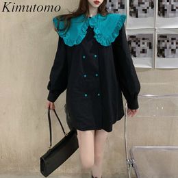 Kimutomo Women Vintage Dress Spring Autumn French Style Female Fuguns Peter Pan Collar Contrast Colour Panelled Mini Dress 210521