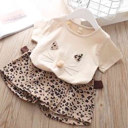 Summer Girl Clothes Sets Fashion Kids Cotton Animal Short Sleeve Top+ Pants Baby Suit 2Pcs Girls Suits 210515