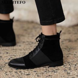 ALLBITEFO natural sheepskin + cow leather women boots fashion casual cross tied women's ankle boots motocycle boots 210611
