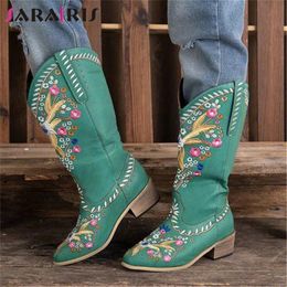 Boots SARAIRIS Big Size 35-43 Female Classic Retro Embroider Fashion Mid Calf Women Pointed Toe Chunky Heels Shoes Woman