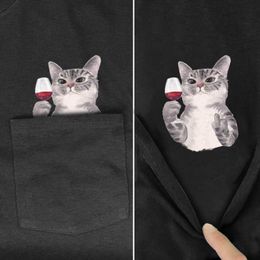 Homens camisetas Fiishimi Power T-shirt Moda verão gato vinho bolso 3d impresso homens para as mulheres camisas tops engraçado algodão preto tees