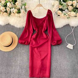 Fashion Women A-line Dress Autumn and Winter Square Neck Long Sleeve Thin Solid Color Vestidos Q270 210527