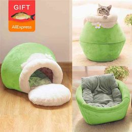 Winter Warm Cat Bed Plush Soft Portable Foldable Cute Cat House Cave Sleeping Bag Cushion Thickened Pet Bed Kittens Products 210722