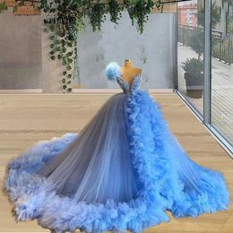 Sky Blue Tulle Quinceanera Dresses Sexy V Neck Lace Sequisn Ruffle Train Plus Size Formal Prom Party Gowns For Sweet 15 16 Girl