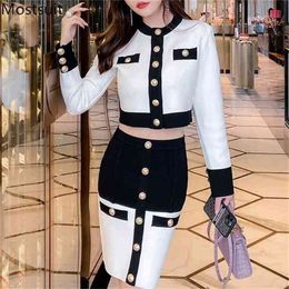 Elegant Ladies Color-blocked Knitted Two Piece Skirt Sets Autumn Short Cardigan + Pencil Mini Suits Outfits Femme 210513