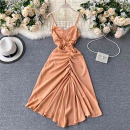 Women Elegant Sexy Dress Fashion Sleeveless Pleated Irregular Clothes Vestidos Verano M528 210527