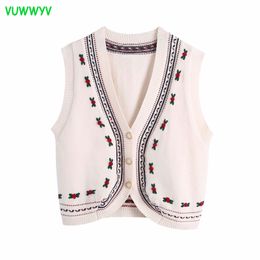 Apricot Appliques Knitted Vest Cardigan Women Chic Casual Ribbed Short Sweaters Woman Sleeveless Streetwear Buttons 210430